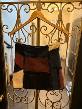 Zara Patchwork Suede Mini Skirt in Black, Brown & Cream burgundy crochet xs